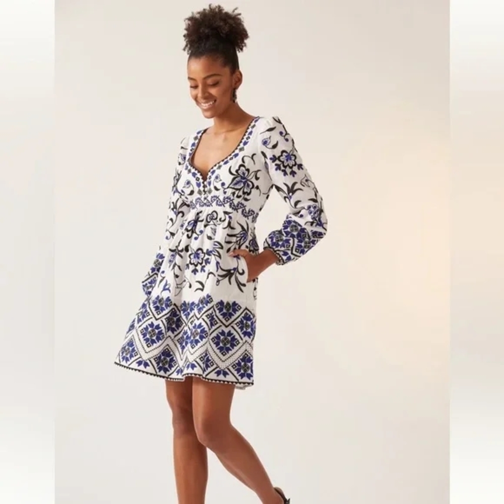 Anthropologie Embroidered sweetheart neckline mini dress